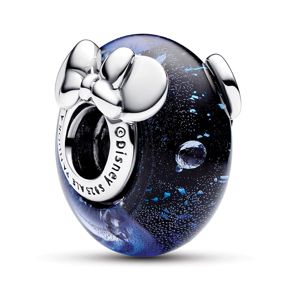 Disney Mickey and Minnie sterling silver charm with dichroic dark blue Murano glass and clear cubic zirconia