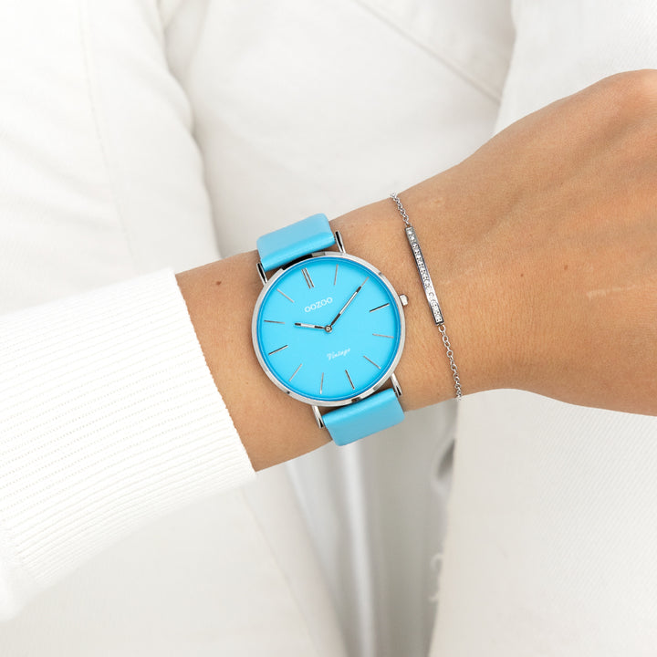 Silver Coloured Oozoo Watch with Bright Blue Leather Strap