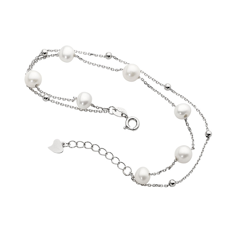 Ellani Sterling Silver Double Chain Bracelet with Freshwater Pearl & Ball