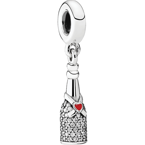 Champagne Silver Hanging Charm w Red Enamel &amp; CZ