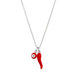 Sterling Silver Necklace with Red Cornicello and Evil Eye Pendants