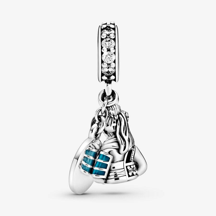 Pandora Disney Mulan sterling silver dangle with clear cubic zirconia, purple and green enamel