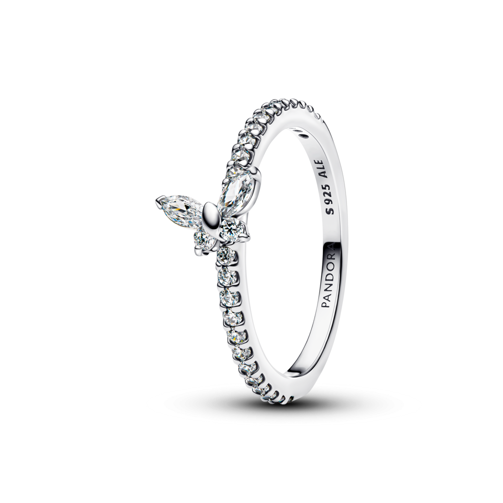 Butterfly sterling silver ring with clear cubic zirconia