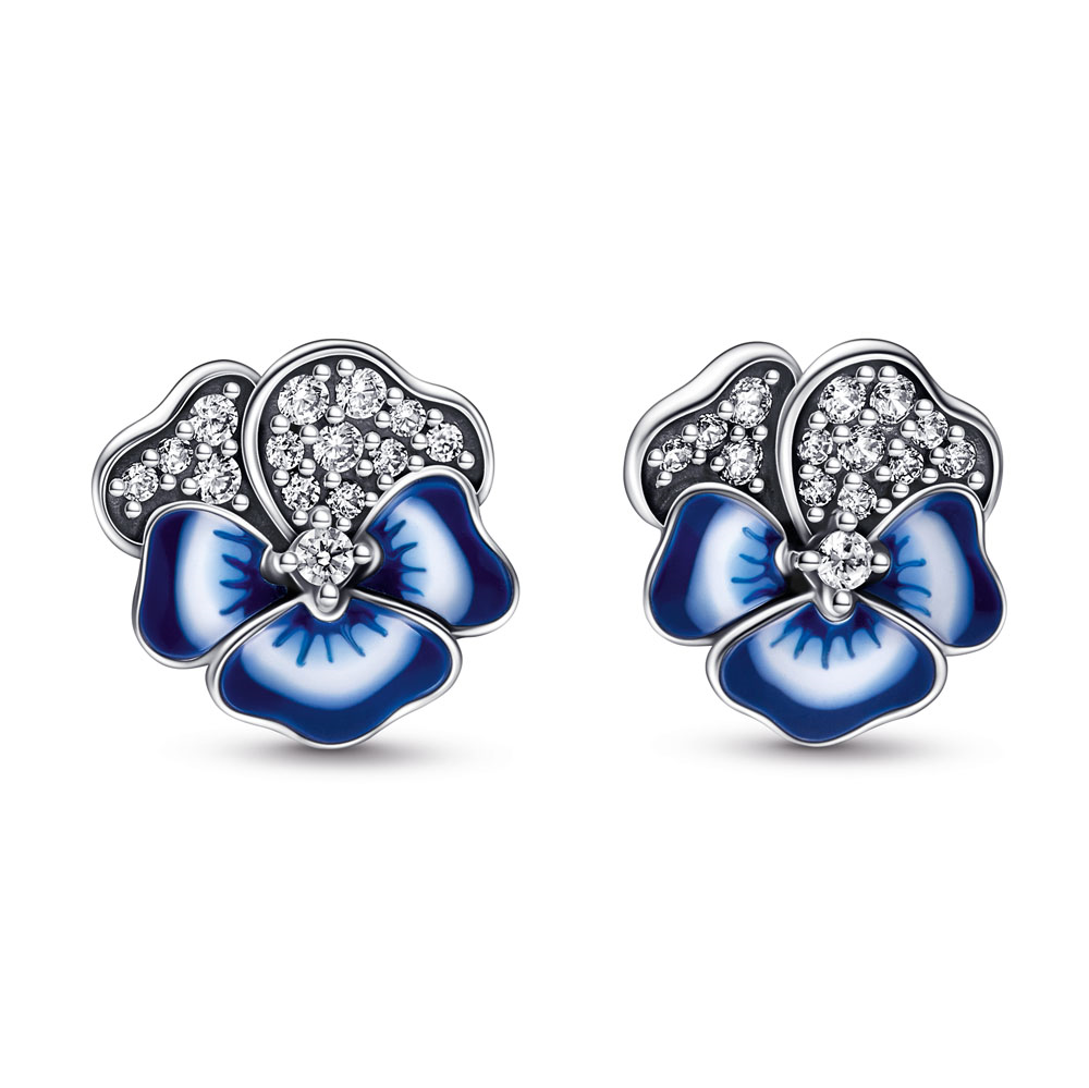 Blue Pansy Flower Stud Earrings