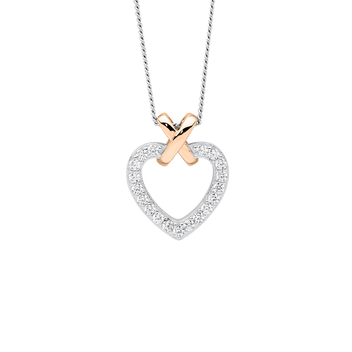 SS wh cz heart w/rose gold plated x pendant