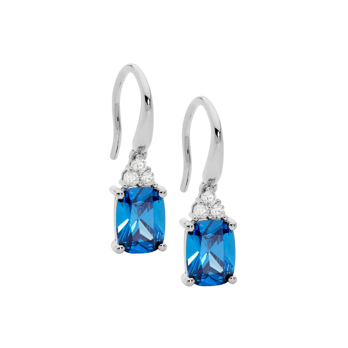 Ellani Blue Cushion Cut CZ With White CZ Drop Earrings