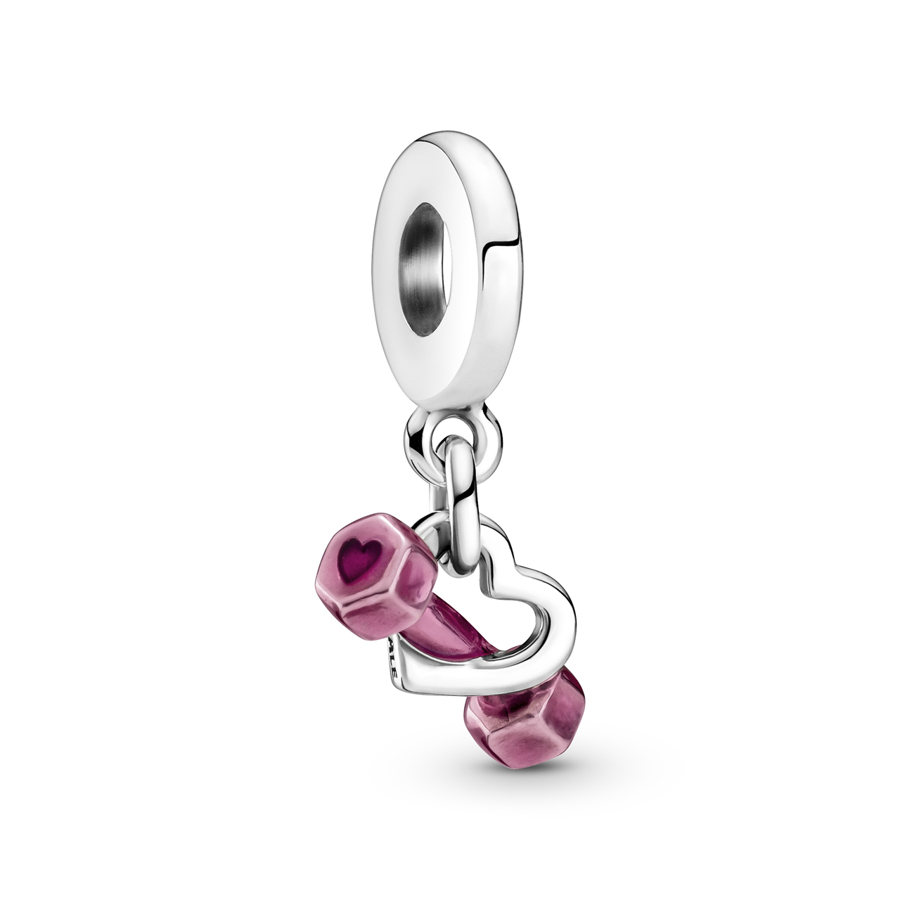 Dumbbell & Fitness Silver Hanging Charm w Transparent Pink Enamel