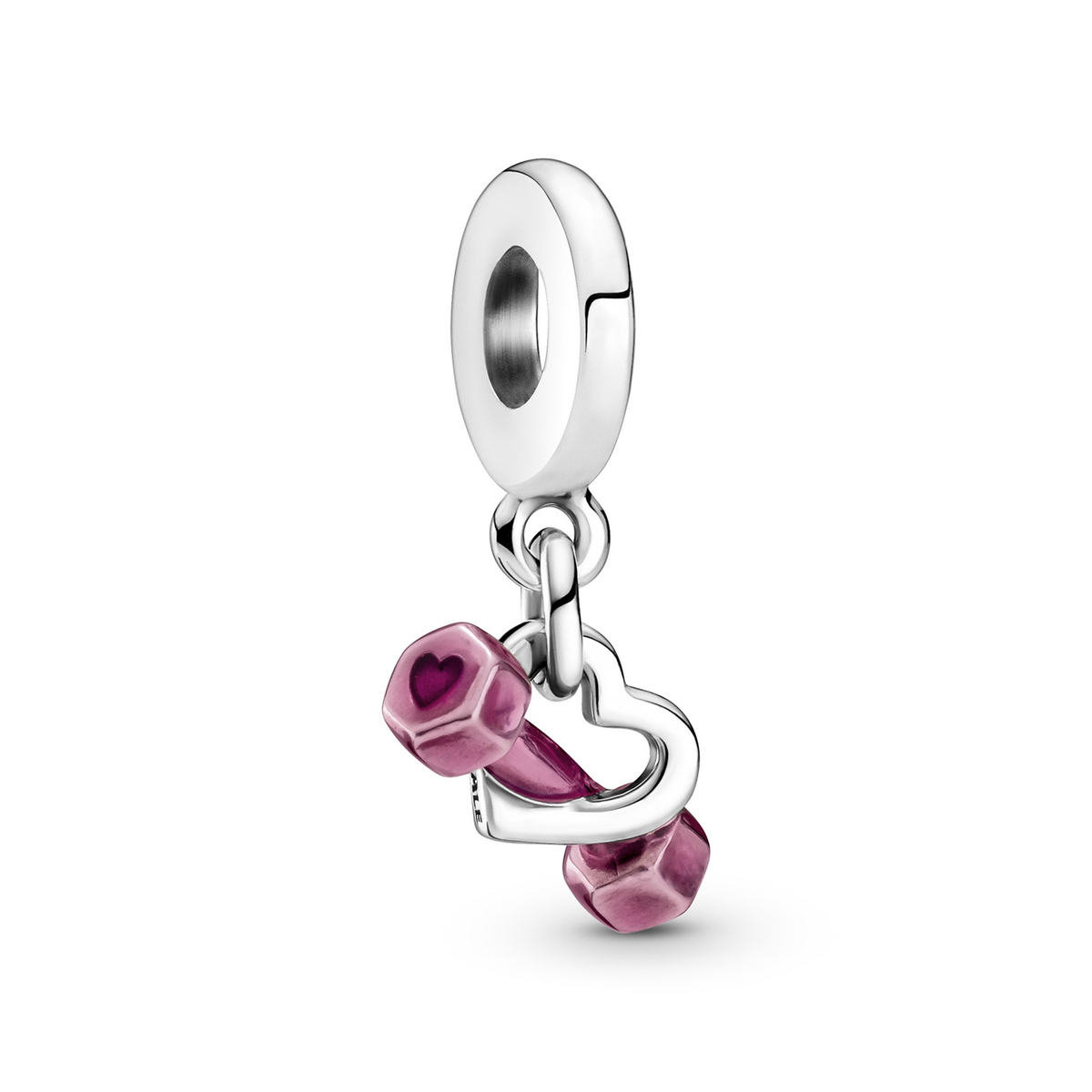 Dumbbell & Fitness Silver Hanging Charm w Transparent Pink Enamel