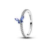 Butterfly sterling silver ring with cornflower blue crystal and clear cubic zirconia