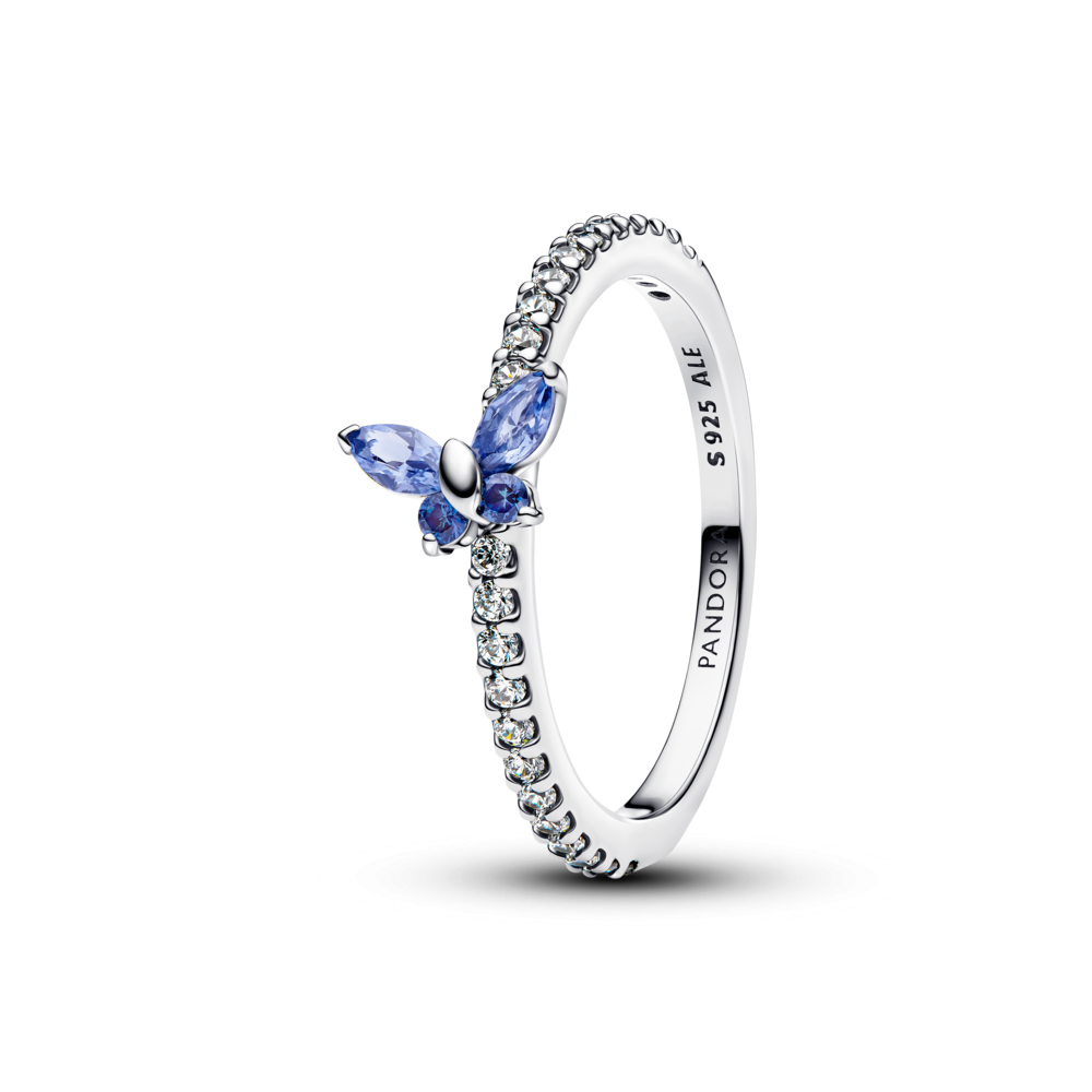 Butterfly sterling silver ring with cornflower blue crystal and clear cubic zirconia