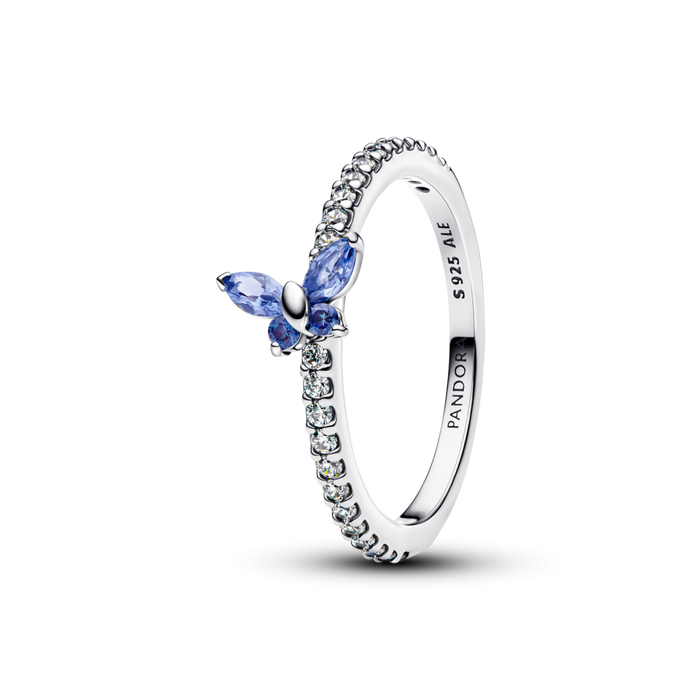 Butterfly sterling silver ring with cornflower blue crystal and clear cubic zirconia