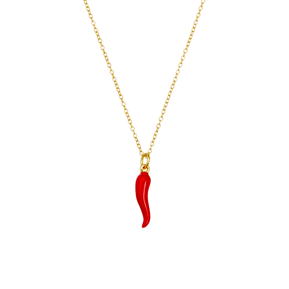 Yellow Gold Plated Necklace With Red “Cornicello” Horn Pendant