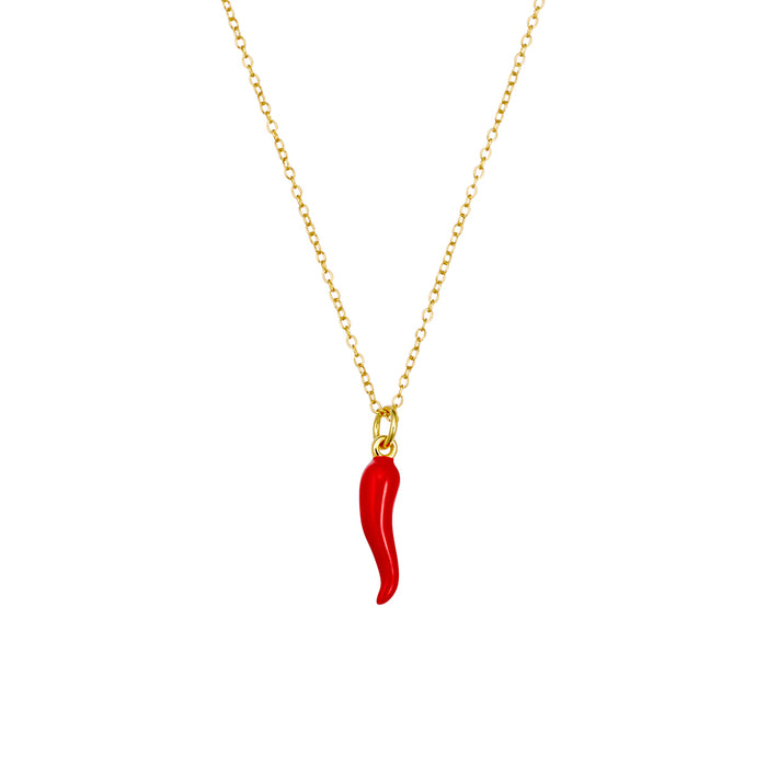 Yellow Gold Plated Necklace With Red “Cornicello” Horn Pendant