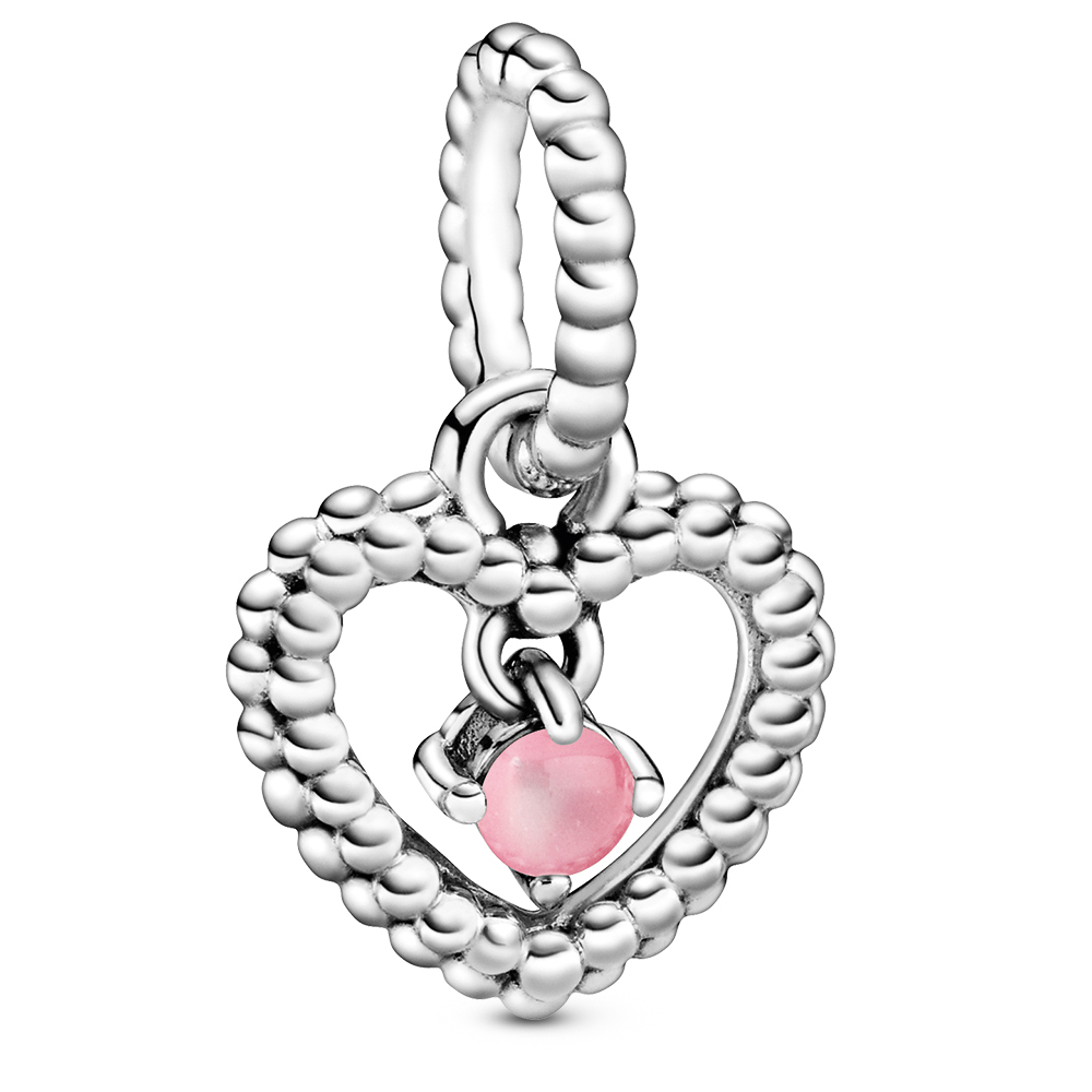 Pandora October Petal Pink Heart Silver Hanging Charm with Man-Made Petal Pink Crystal