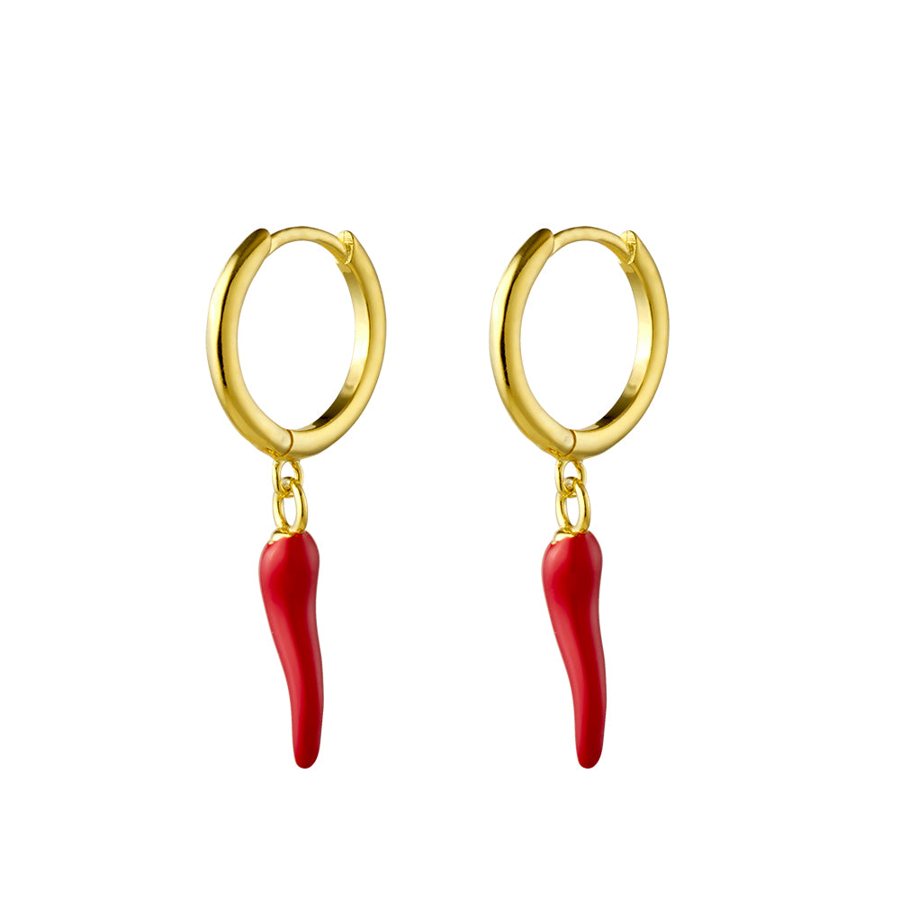 Sterling Silver Plain Huggie Earrings with Red Cornicello Charm