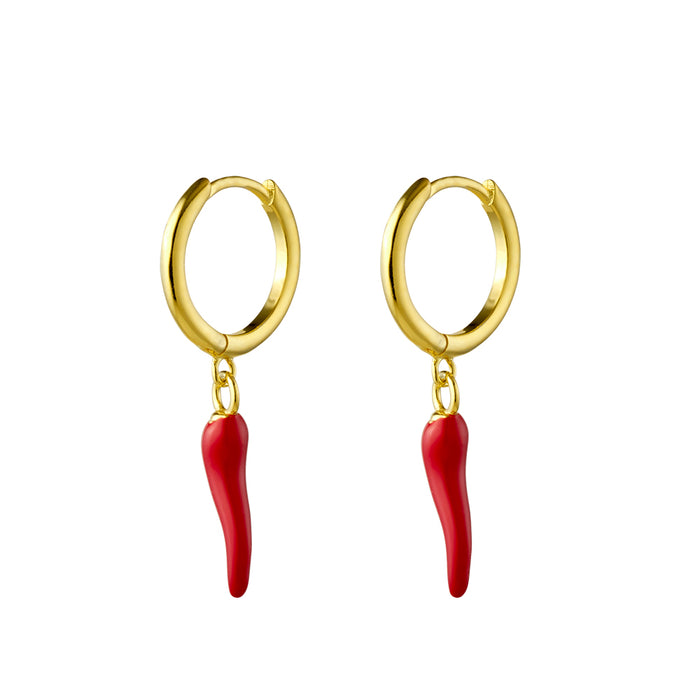 Sterling Silver Plain Huggie Earrings with Red Cornicello Charm