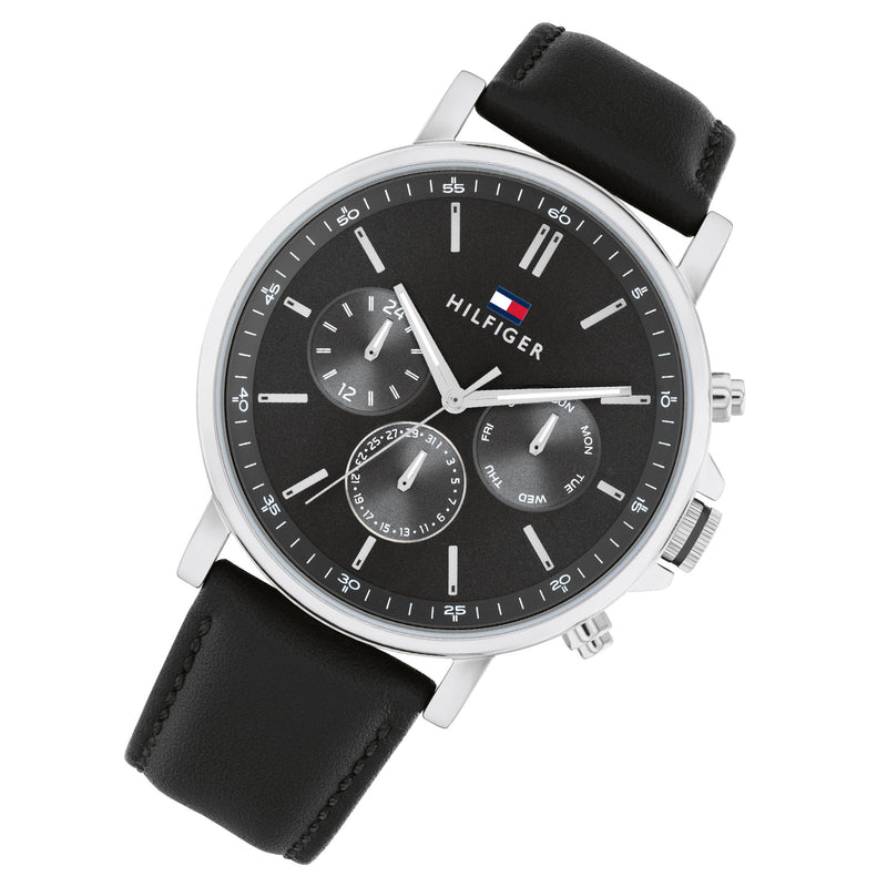 Tommy Hilfiger Black Leather Dark Grey Dial Multi-function Men's Watch