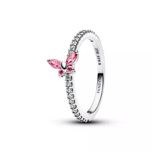 Butterfly sterling silver ring with fancy pink and clear cubic zirconia
