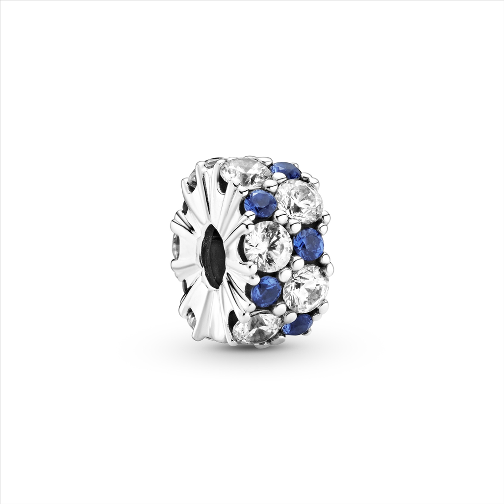 Pandora Sterling Silver Clip w Blue Crystal and Clear CZ