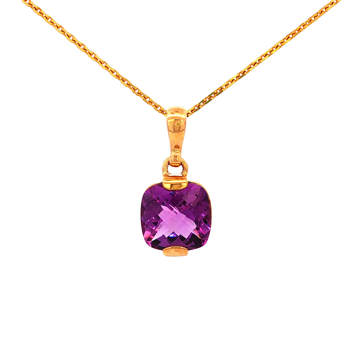 Cushion Cut Facet Natural Amythest Pendant Set in 9 Yellow Gold