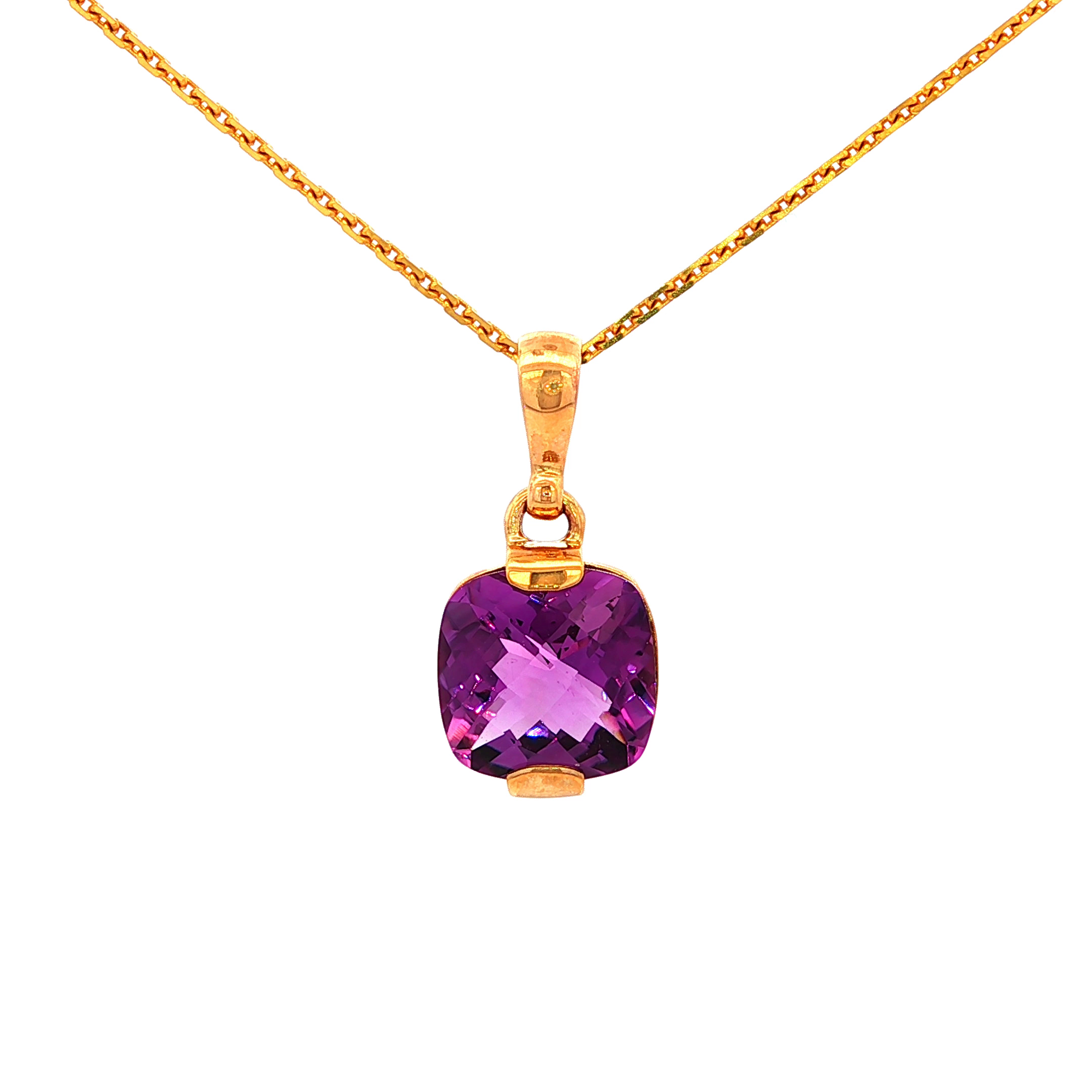 Cushion Cut Facet Natural Amythest Pendant Set in 9 Yellow Gold