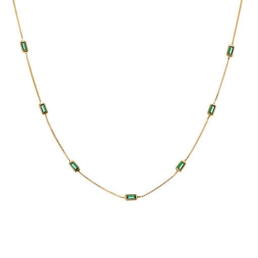 Sterling Silver Fine Box Chain Necklace With Multi Baguette Set Emerald CZ 45cm