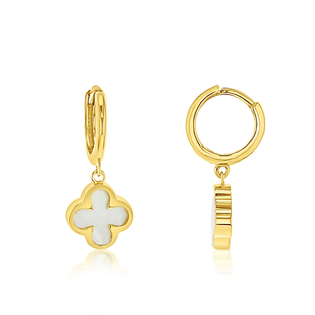9ct Yellow Gold Huggie with Mother of Pearl Clover Drop