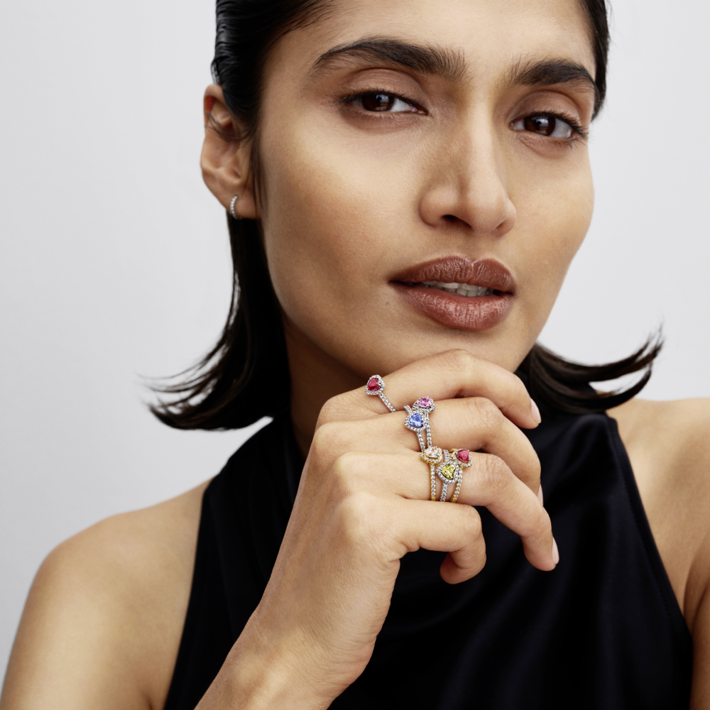 Heart sterling silver ring with vibrant yellow and clear cubic zirconia