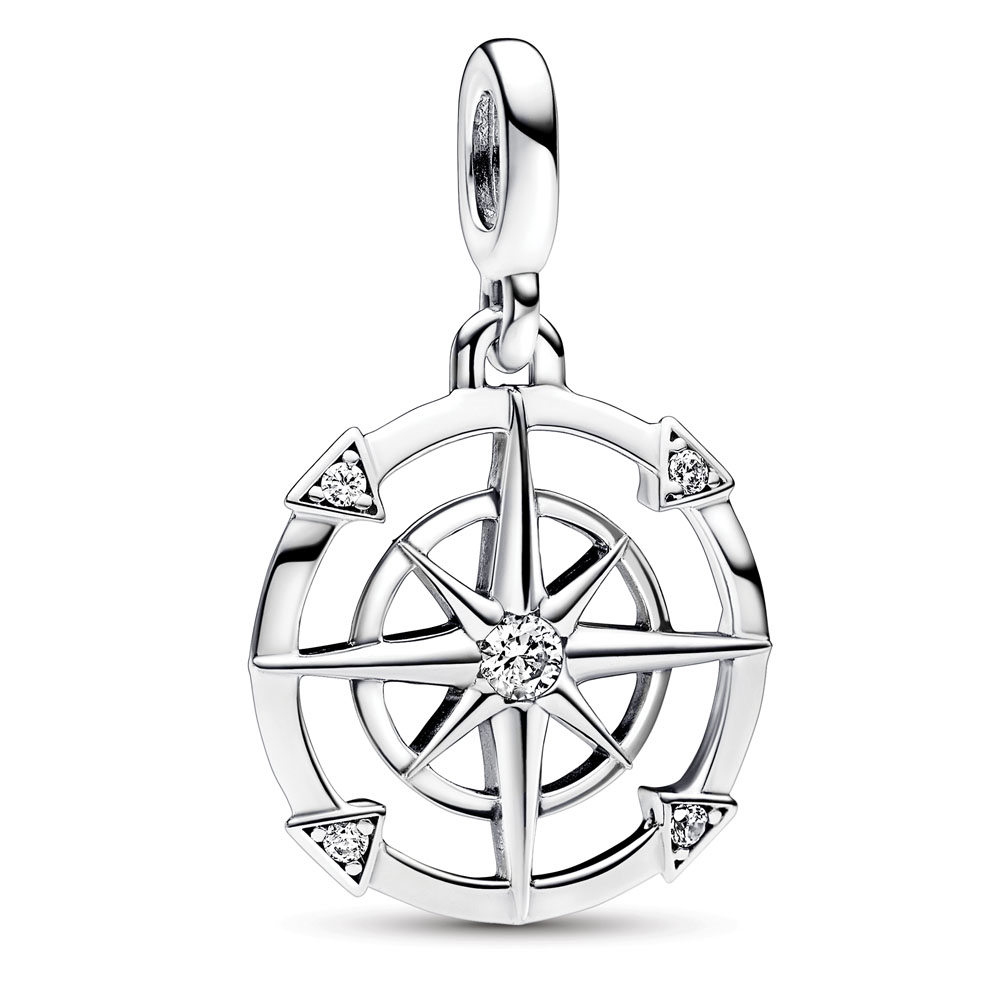 Compass sterling silver medallion with clear cubic zirconia