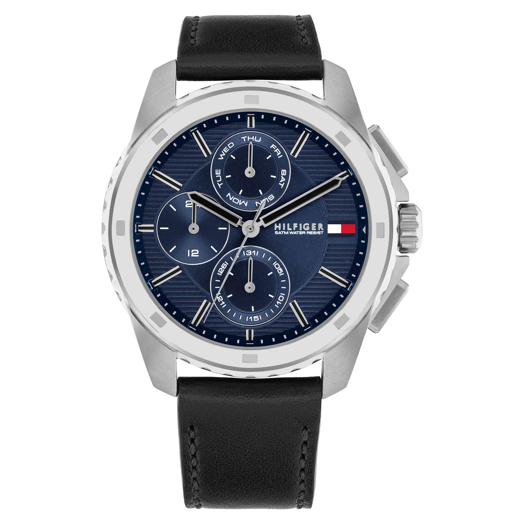 Tommy Hilfiger Black Leather Navy Dial Multi-function Men&#39;s Watch