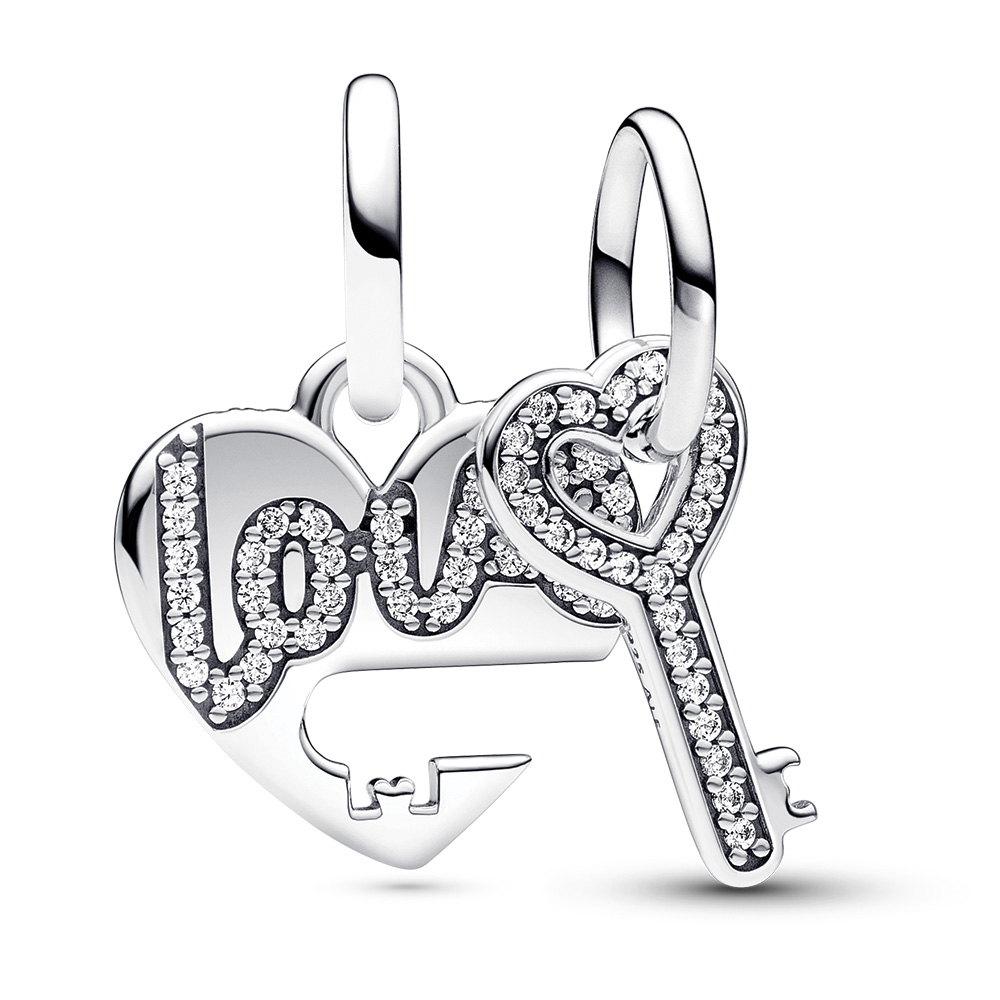 Pandora Love heart and key sterling silver splittable dangle with clear cubic zirconia
