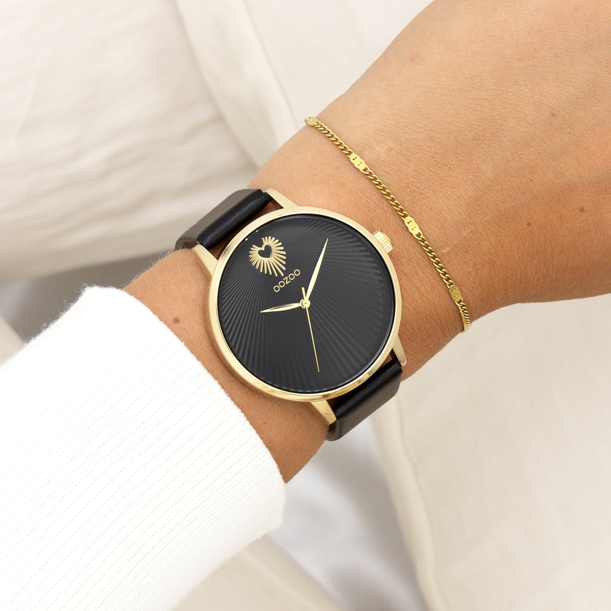 OOZOO Vintage Gold Watch with Black Leather Strap