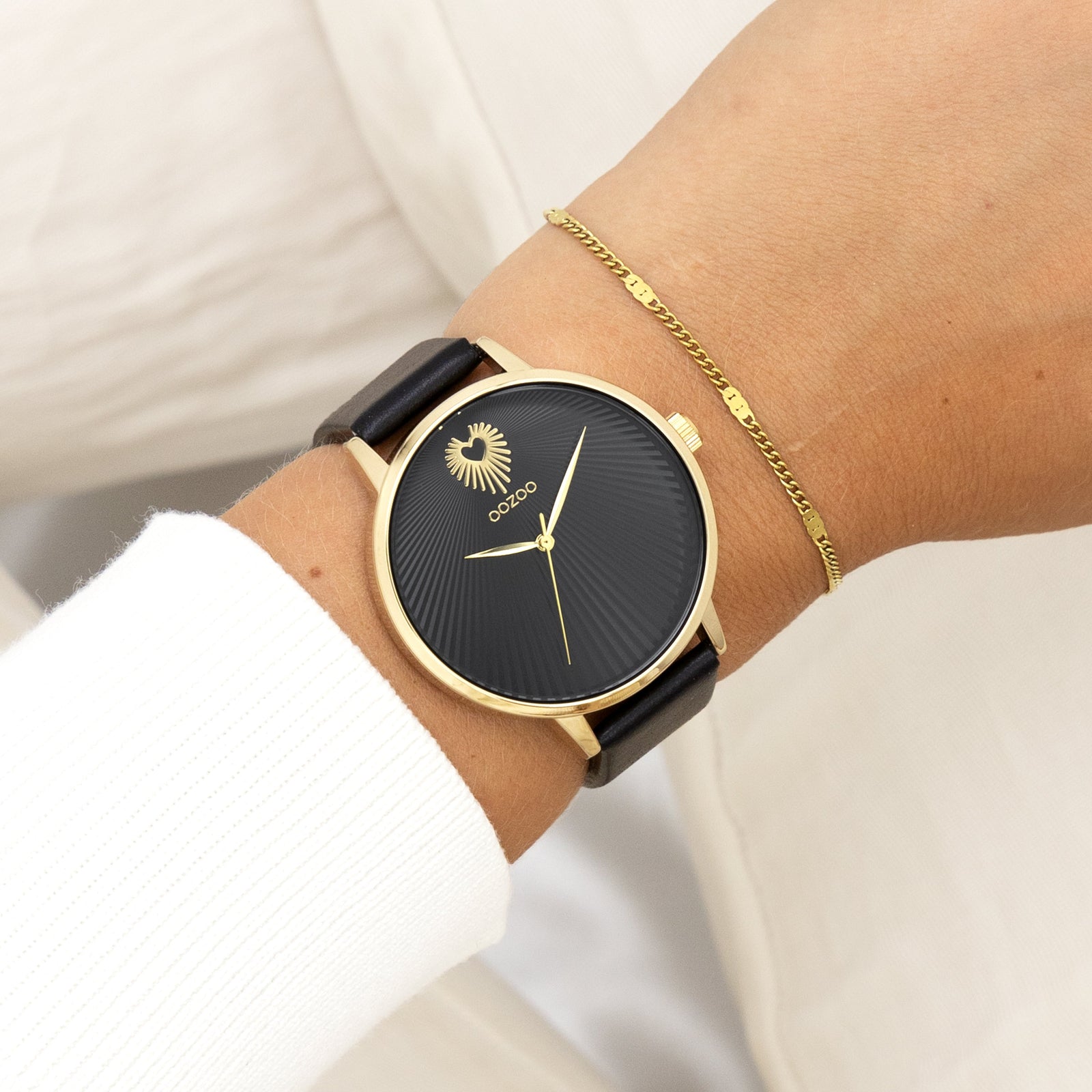OOZOO Vintage Gold Watch with Black Leather Strap