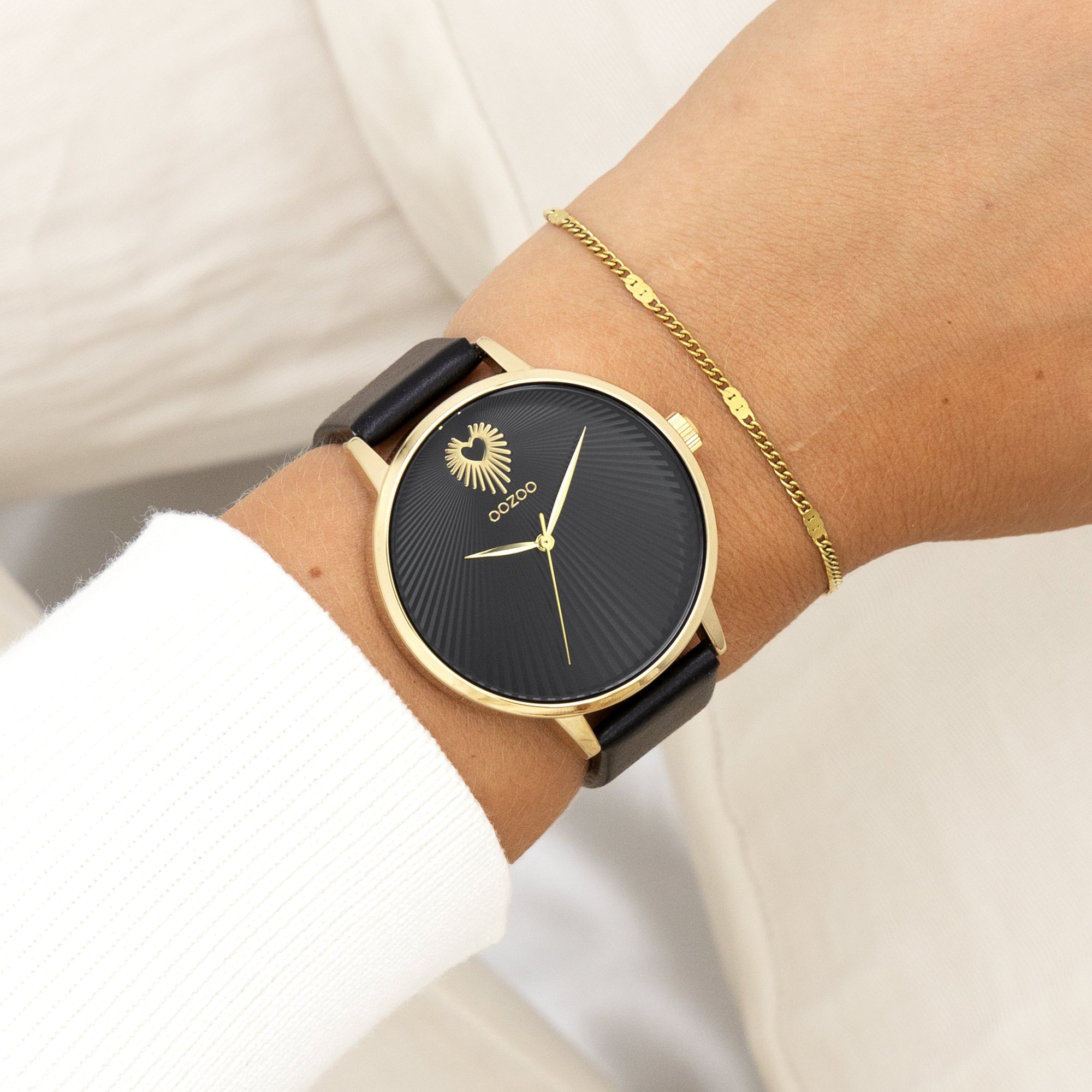 OOZOO Vintage Gold Watch with Black Leather Strap