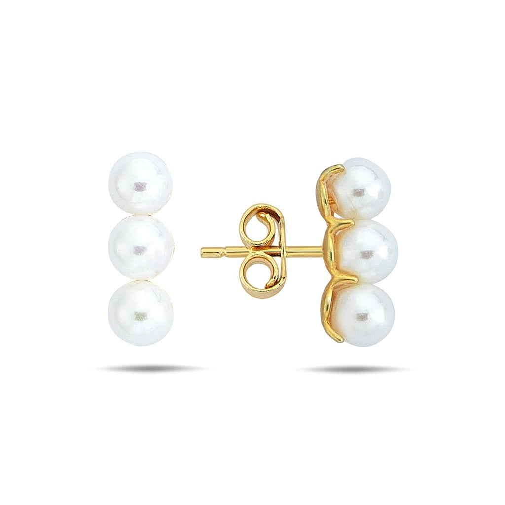 9ct YG 3 Pearl Bar Stud Earring