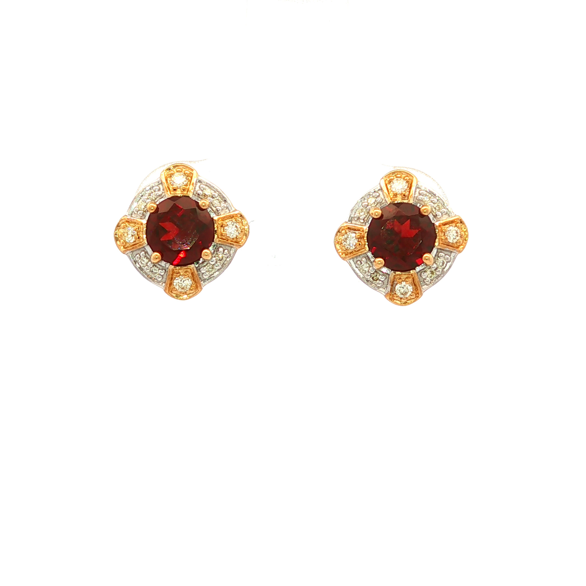 Diamond and Garnet Stud Earrings in Yellow Gold