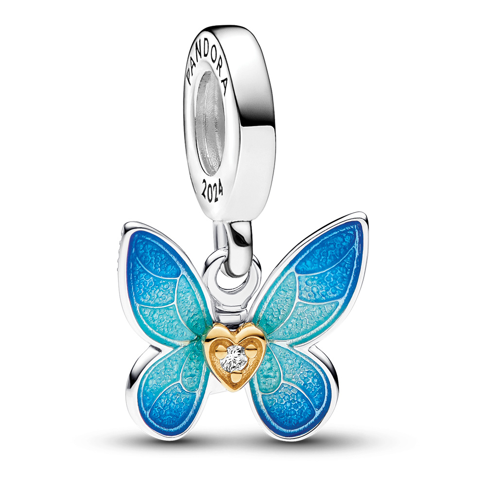 Butterfly with moveable wings sterling silver and 14k gold-plated dangle with 0.009 ct TW GHI SI1+ round brilliant cut lab created diamond a