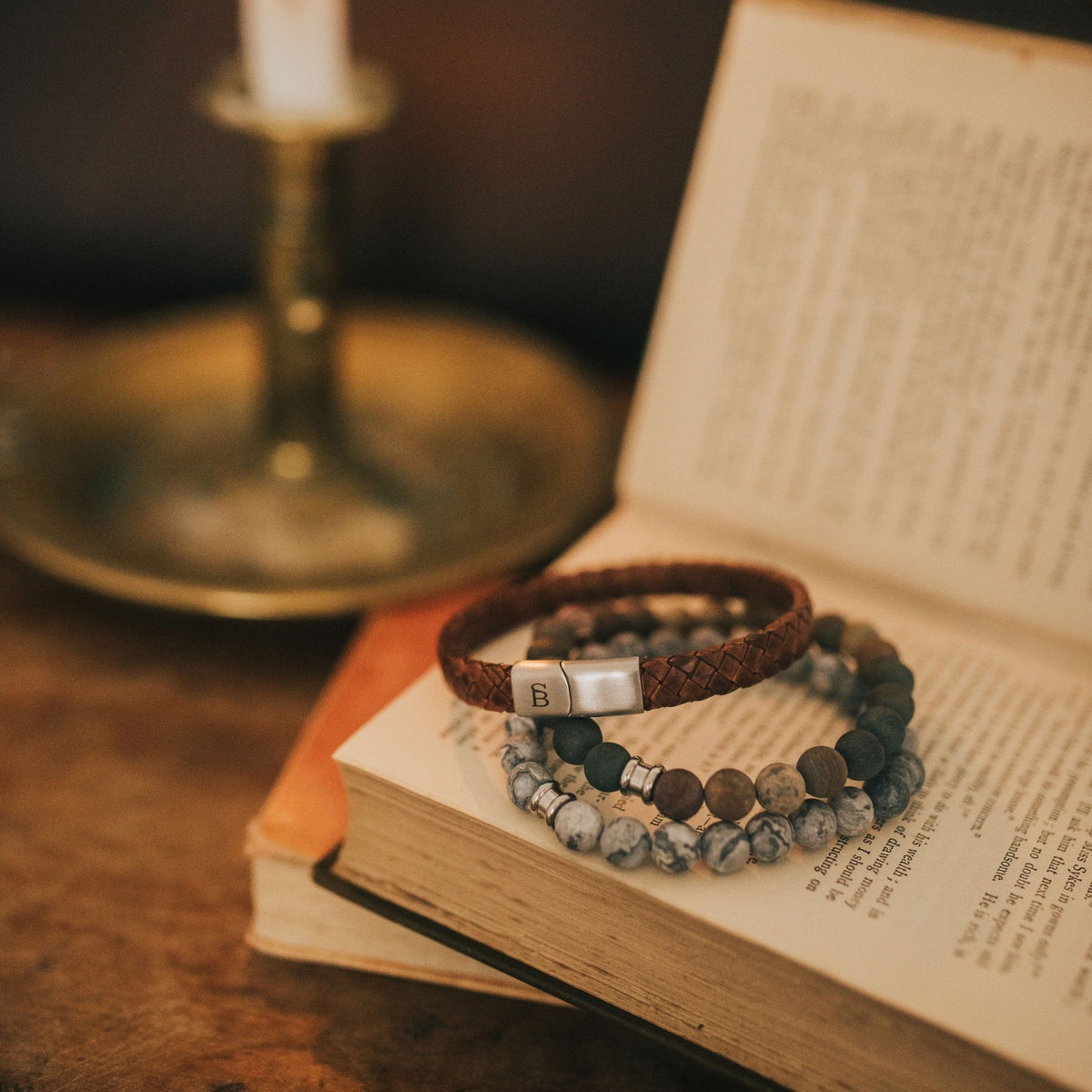 Riley - Caramel -  Leather Box Braided Bracelet