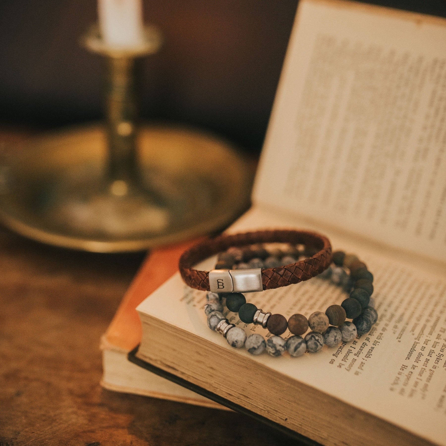 Riley - Caramel -  Leather Box Braided Bracelet
