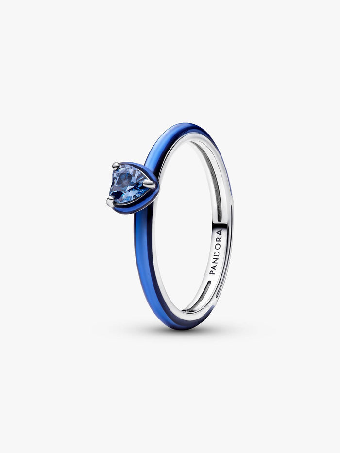 Heart sterling silver ring with blue crystal and blue enamel