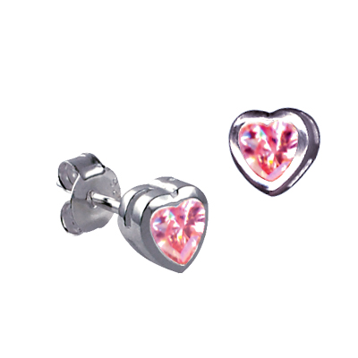 Sterling Silver Heart Shaped Stud Earrings with Pink Cubic Zirconia's
