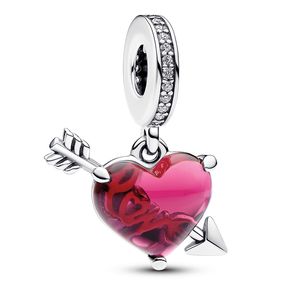 Heart and arrow sterling silver dangle with clear cubic zirconia and red Murano glass