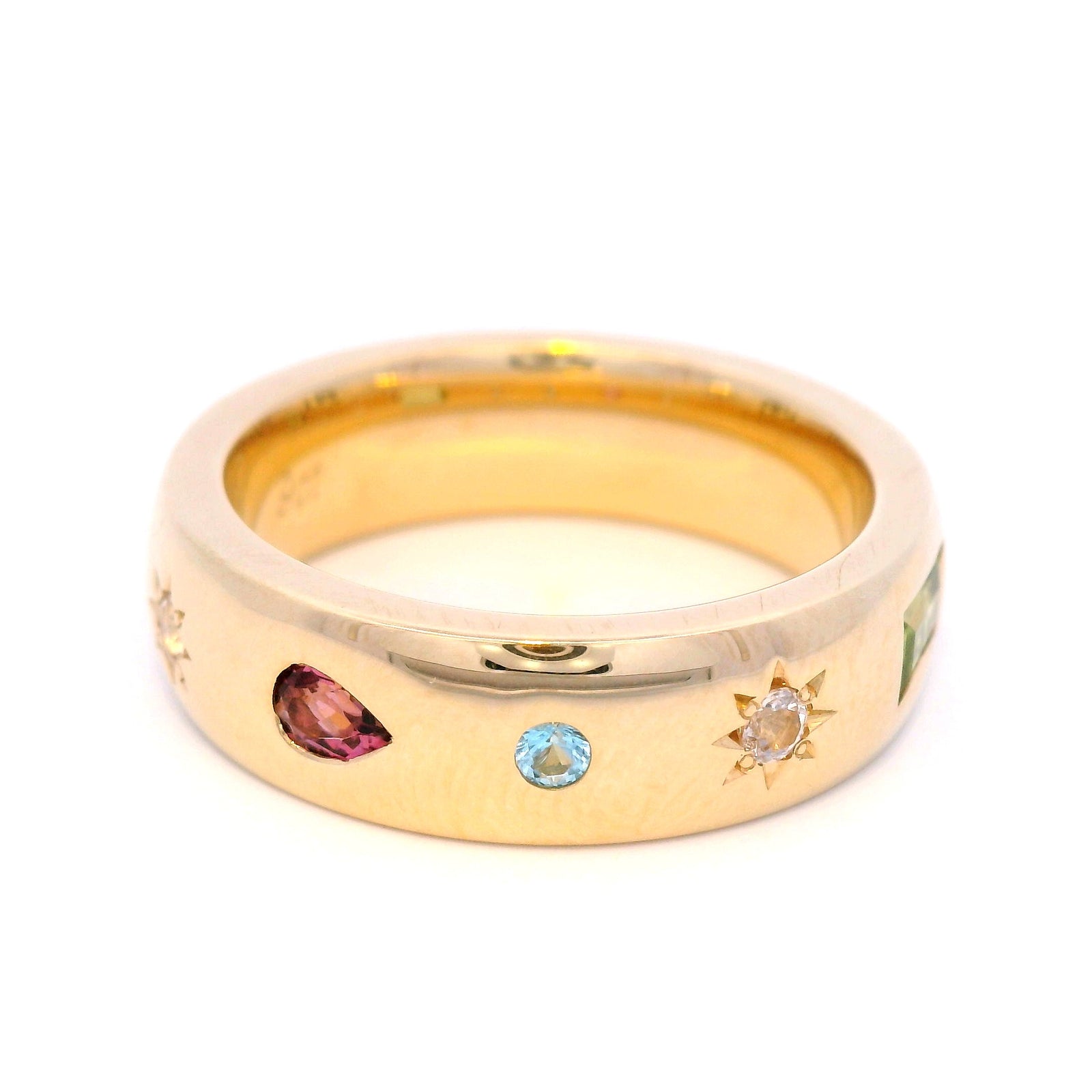 Morganite, Blue Topaz and Pink Tourmaline Dress Ring in Yellow Gold