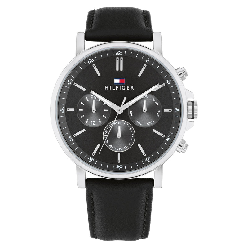 Tommy Hilfiger Black Leather Dark Grey Dial Multi-function Men's Watch
