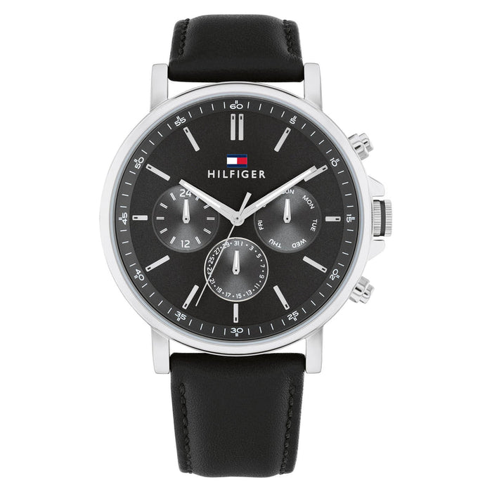 Tommy Hilfiger Black Leather Dark Grey Dial Multi-function Men's Watch
