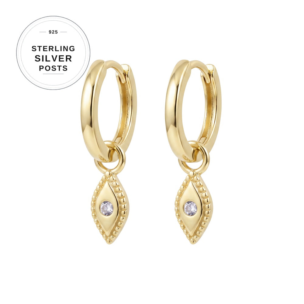 Premium Plated Brass Huggie Earrings with CZ Evil Eye Charm