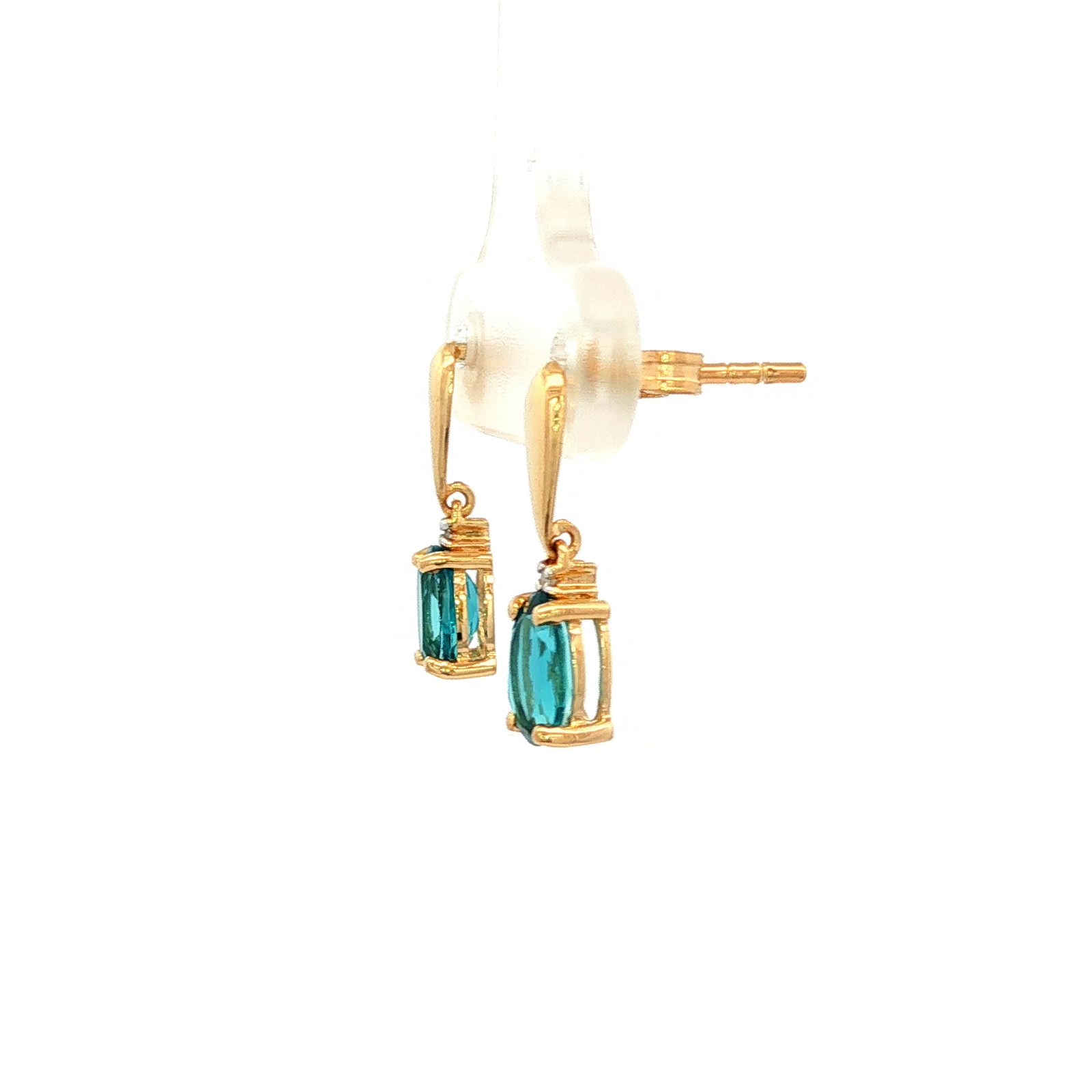 Bluish-Green Topaz and Diamond Drop Earrings in Yellow Gold
