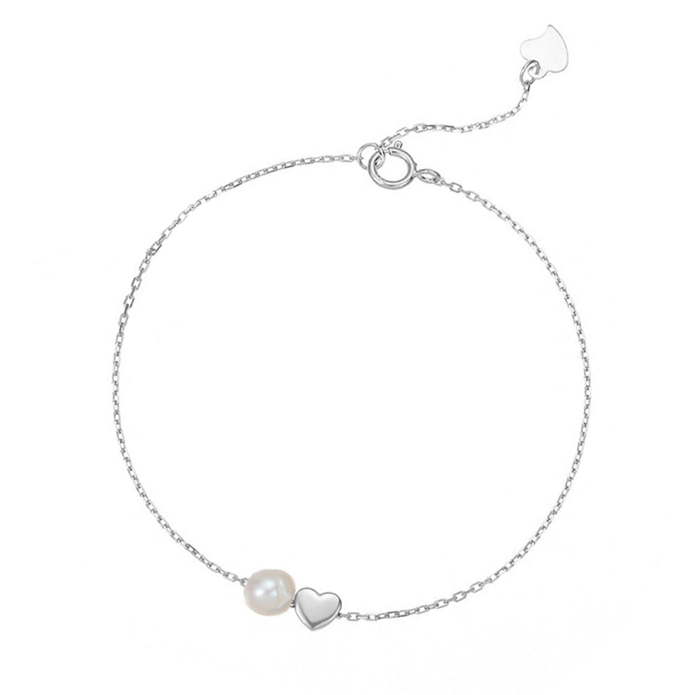 Sterling silver fine cable chain bracelet with floating love heart &amp; pearl