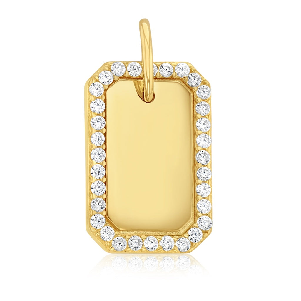 9ct YG Closed Bevelled Edge Rectangle with CZ Border Pendant