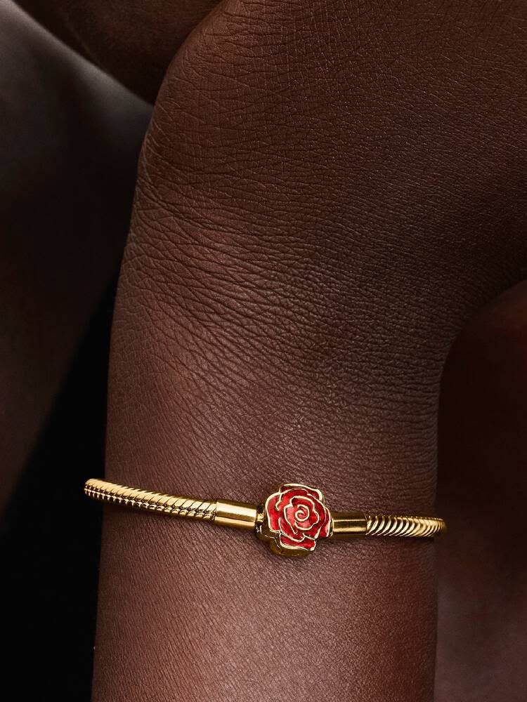 Disney Beauty & The Beast snake chain 14k gold-plated bracelet with rose clasp and holo glittery red enamel